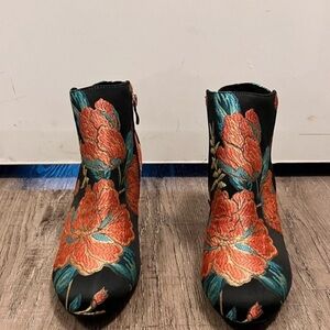 J.Renee Black Ankle Boots with Orange Floral Embroidery and Teal Accents